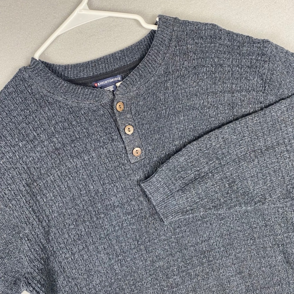 Knightsbridge Mens Henley Sweater Blue Charcoal Textured Cotton Blend Large